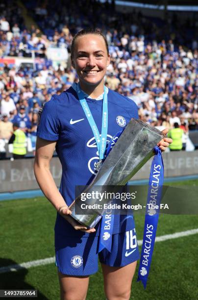 Magdalena Eriksson of Chelsea celebrates with the Barclays Women's Super League trophy after the team's victory during the FA Women's Super League...