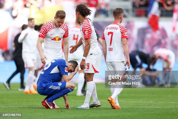Marcin Kaminski of FC Schalke 04 reacts after the Bundesliga match between RB Leipzig and FC Schalke 04 at Red Bull Arena on May 27, 2023 in Leipzig,...