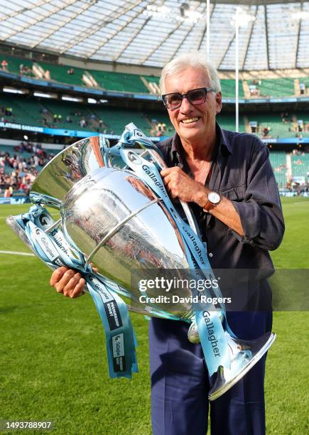 Nigel Wray, owner of Saracens celebrates with the Gallagher Premiership trophy after the team's victory during the Gallagher Premiership Final...