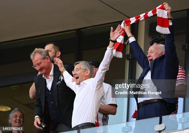 Herbert Hainer, President of FC Bayern Munich celebrates in the stands as FC Bayern Munich are announced Bundesliga champions after the Bundesliga...