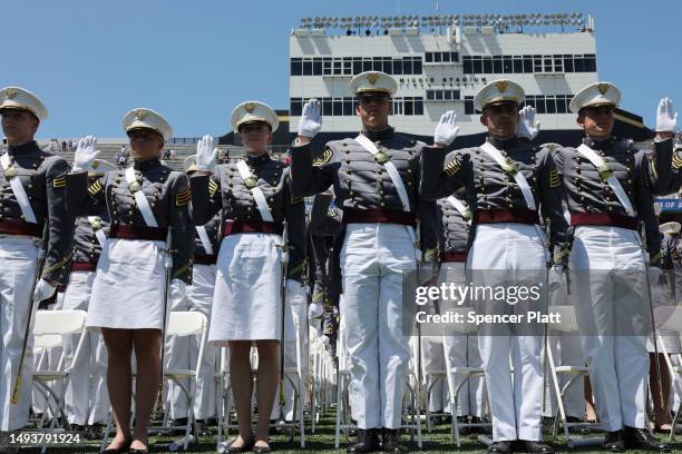 Cadets take the Commissioning Oath at the conclusion of ceremonies at Michie Stadium at West Point's graduation on May 27, 2023 in West Point, New...
