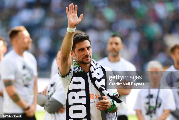 Lars Stindl of Borussia Moenchengladbach acknowledges the fans after his last appearance for the team in the Bundesliga match between Borussia...