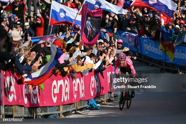 Geraint Thomas of The United Kingdom and Team INEOS Grenadiers - Pink Leader Jersey crosses the finish line during the 106th Giro d'Italia 2023,...