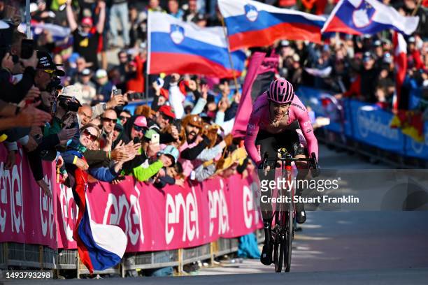 Geraint Thomas of The United Kingdom and Team INEOS Grenadiers - Pink Leader Jersey crosses the finish line during the 106th Giro d'Italia 2023,...