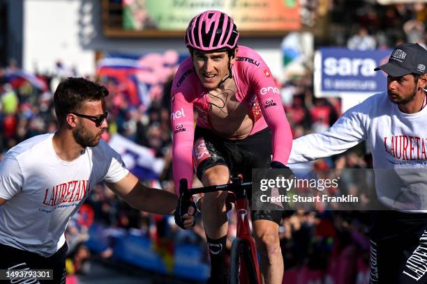 Geraint Thomas of The United Kingdom and Team INEOS Grenadiers - Pink Leader Jersey crosses the finish line during the 106th Giro d'Italia 2023,...