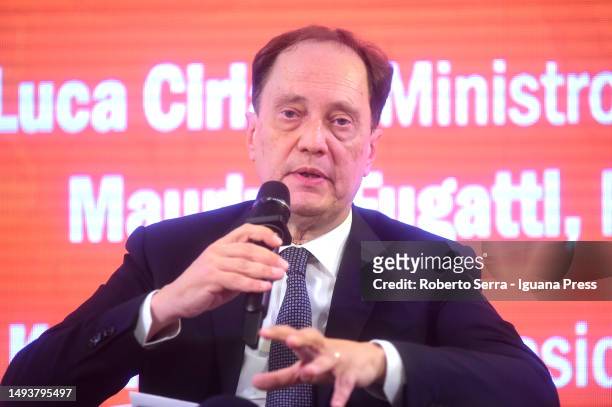 Luca Ciriani Italian Governement Minister of Relations with Parliament attends the Trento Economy Festival 2023 at Province Palace on May 27, 2023 in...