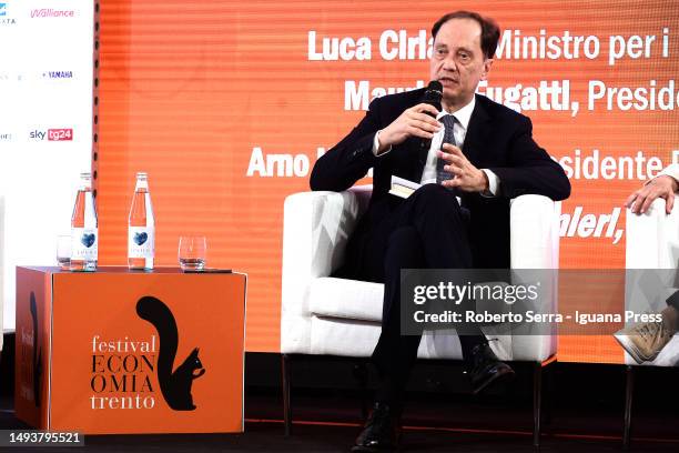 Luca Ciriani Italian Governement Minister of Relations with Parliament attends the Trento Economy Festival 2023 at Province Palace on May 27, 2023 in...