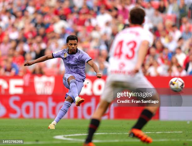 Rodrygo of Real Madrid scores the team's first goal during the LaLiga Santander match between Sevilla FC and Real Madrid CF at Estadio Ramon Sanchez...