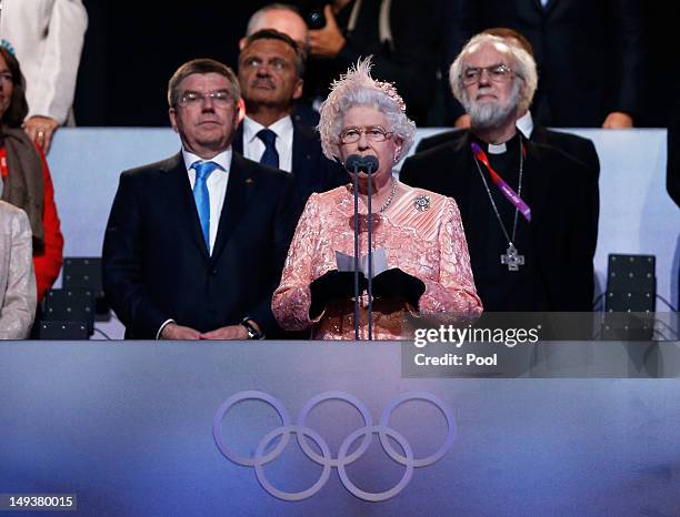 Queen Elizabeth II speaks during the Opening Ceremony of the London 2012 Olympic Games at the Olympic Stadium on July 27, 2012 in London, England.