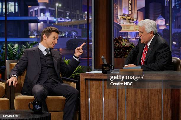 Episode 4296 -- Pictured: Actor Jeremy Renner during an interview with host Jay Leno on July 27, 2012 --