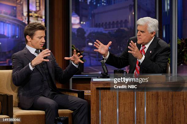Episode 4296 -- Pictured: Actor Jeremy Renner during an interview with host Jay Leno on July 27, 2012 --
