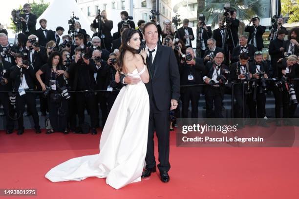 Daniella Pick and Quentin Tarantino attend the "Elemental" screening and closing ceremony red carpet during the 76th annual Cannes film festival at...