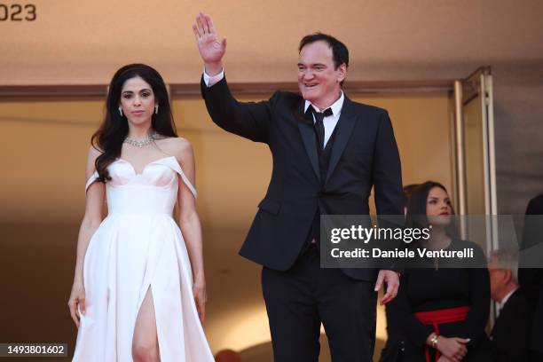 Daniella Pick and Quentin Tarantino attend the "Elemental" screening and closing ceremony red carpet during the 76th annual Cannes film festival at...