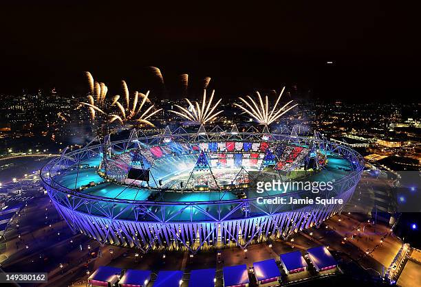 Fireworks ignite over the Olympic Stadium during the Opening Ceremony for the London 2012 Olympic Games on July 27, 2012 at Olympic Park in London,...