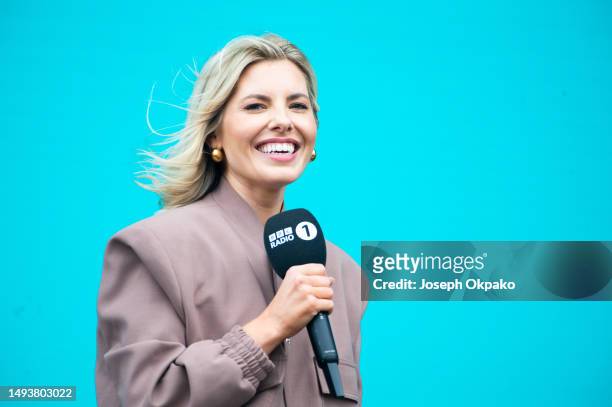 Mollie King announces the next act performing on the main stage at BBC Radio 1's Big Weekend 2023 at Camperdown Wildlife Centre on May 27, 2023 in...