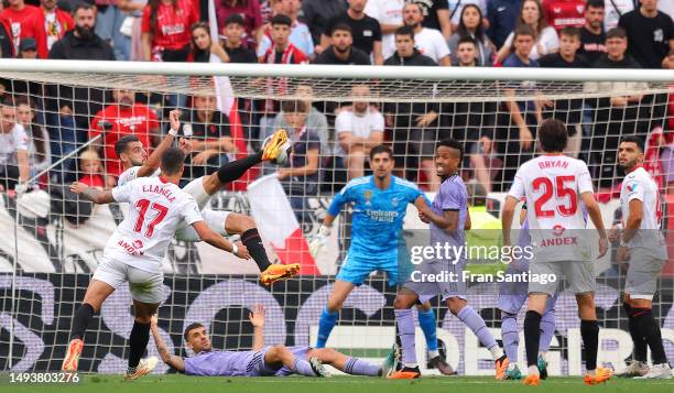 Rafa Mir of Sevilla FC shoots during the LaLiga Santander match between Sevilla FC and Real Madrid CF at Estadio Ramon Sanchez Pizjuan on May 27,...