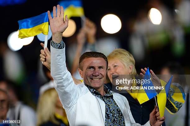 Former Ukrainian pole vaulter Sergey Bubka parades with the Ukraine's delegation during the opening ceremony of the London 2012 Olympic Games on July...