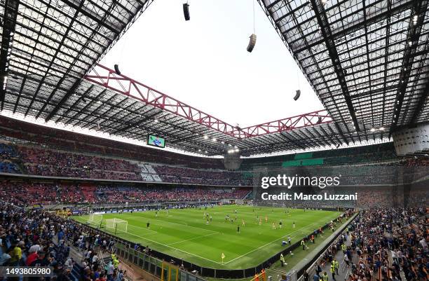 General view inside the stadium prior to the Serie A match between FC Internazionale and Atalanta BC at Stadio Giuseppe Meazza on May 27, 2023 in...