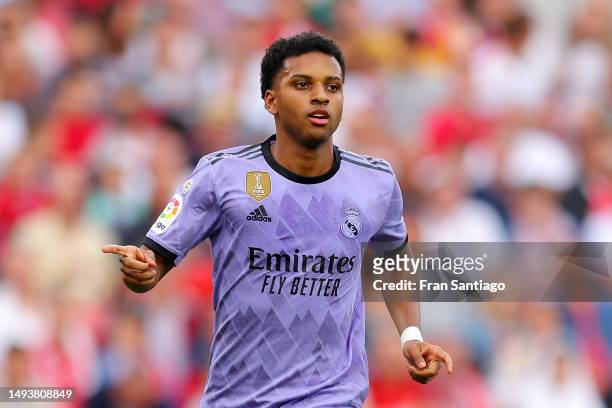 Rodrygo of Real Madrid celebrates after scoring the team's second goal during the LaLiga Santander match between Sevilla FC and Real Madrid CF at...