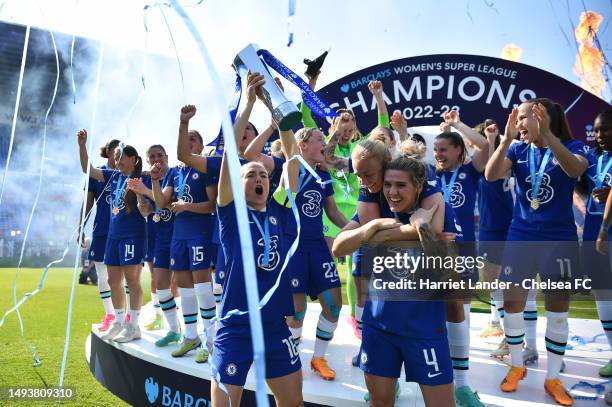 Magdalena Eriksson of Chelsea lifts the Barclays Women's Super League trophy following her team's victory in the FA Women's Super League match...