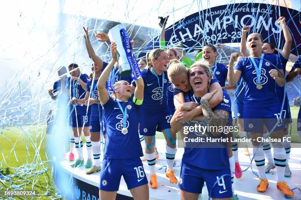 Magdalena Eriksson of Chelsea lifts the Barclays Women's Super League trophy following her team's victory in the FA Women's Super League match...