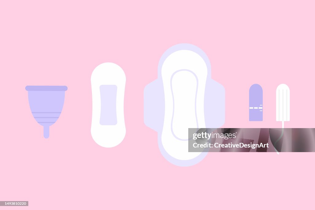 Prodotti mestruali con coppetta mestruale, assorbenti e tamponi. Ciclo mestruale e prodotti per l'igiene femminile