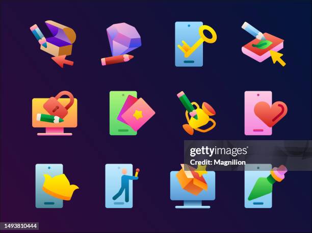 game graphics flat gradient icons set - shield 3d stock illustrations