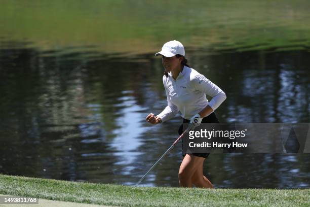 Albane Valenzuela of Switzerland celebrates a chip on the 17th hole on day four of the Bank of Hope LPGA Match-Play presented by MGM Rewards at...
