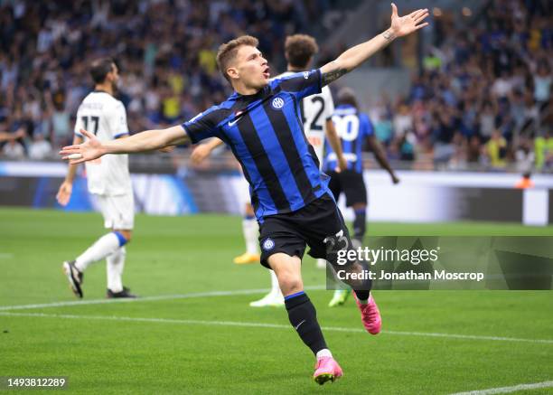 Nicolo Barella of FC Internazionale celebrates after scoring to give the side a 2-0 lead during the Serie A match between FC Internazionale and...