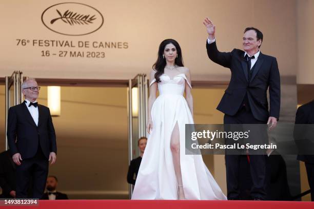 Daniella Tarantino and Quentin Tarantino attend the "Elemental" screening and closing ceremony red carpet during the 76th annual Cannes film festival...