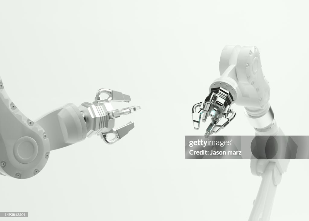 Robotic arm in futuristic assembly manufacturing factory