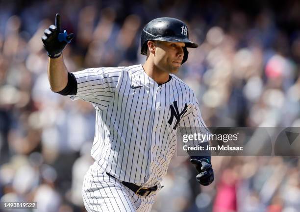 Isiah Kiner-Falefa of the New York Yankees reacts after his tenth inning game winning RBI single against the San Diego Padres at Yankee Stadium on...