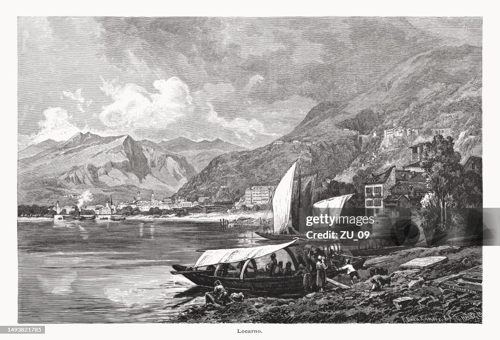 Historical view of Locarno, Ticino, Switzerland, wood engraving, published 1877
