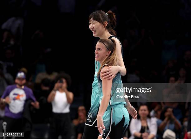 Han Xu and Sabrina Ionescu of the New York Liberty celebrate the win over the Connecticut Sun at Barclays Center on May 27, 2023 in the Brooklyn...
