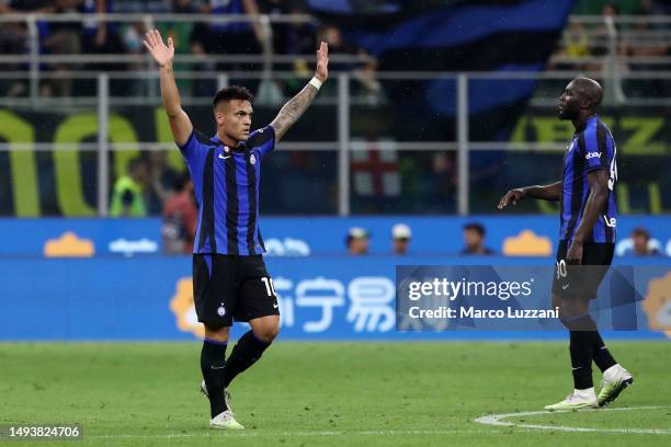 Lautaro Martinez of FC Internazionale celebrates after scoring the team's third goal during the Serie A match between FC Internazionale and Atalanta...