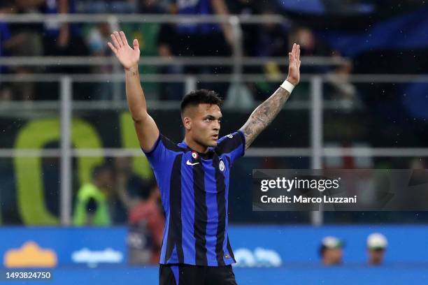 Lautaro Martinez of FC Internazionale celebrates after scoring the team's third goal during the Serie A match between FC Internazionale and Atalanta...