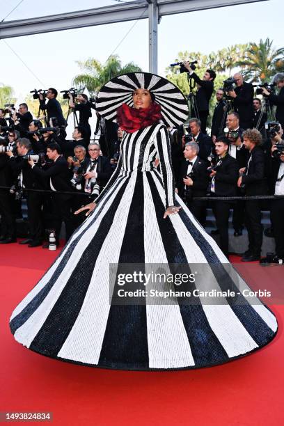 Ikram Abdi attends the "Elemental" screening and closing ceremony red carpet during the 76th annual Cannes film festival at Palais des Festivals on...