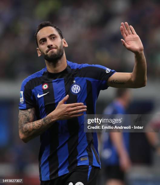 Hakan Calhanoglu of FC Internazionale in action, looks on during the Serie A match between FC Internazionale and Atalanta BC at Stadio Giuseppe...