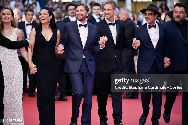 Brie Larson, Maryam Touzani, President of the Jury Ruben Östlund, Damián Szifron, Atiq Rahimi and Denis Ménochet attend the "Elemental" screening and...