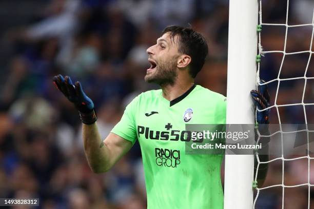 Marco Sportiello of Atalanta BC reacts during the Serie A match between FC Internazionale and Atalanta BC at Stadio Giuseppe Meazza on May 27, 2023...