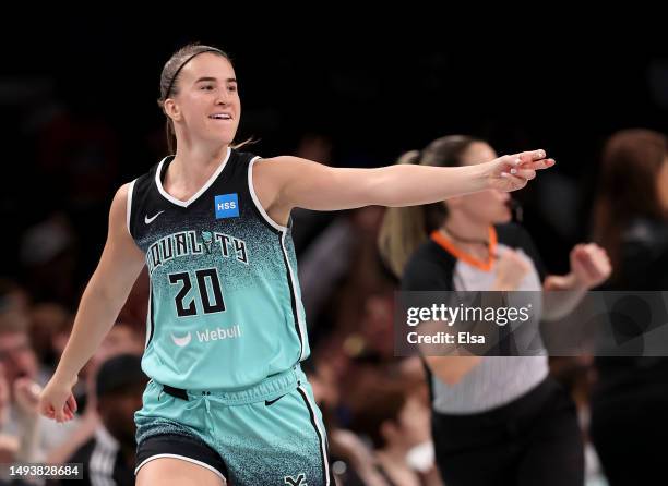 Sabrina Ionescu of the New York Liberty celebrates her three point shot in the second hal against the Connecticut Sun at Barclays Center on May 27,...