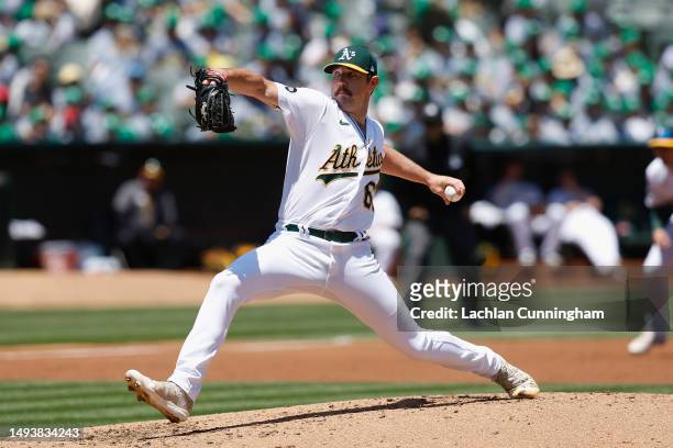 Hogan Harris of the Oakland Athletics pitches in the top of the second inning against the Houston Astros at RingCentral Coliseum on May 27, 2023 in...