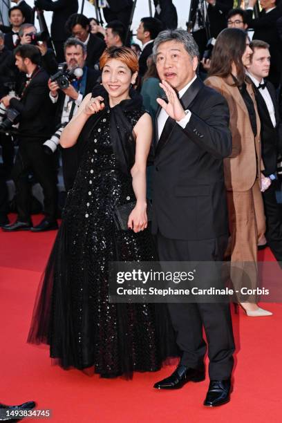 Sakura Andō and Hirokazu Koreeda attend the "Elemental" screening and closing ceremony red carpet during the 76th annual Cannes film festival at...