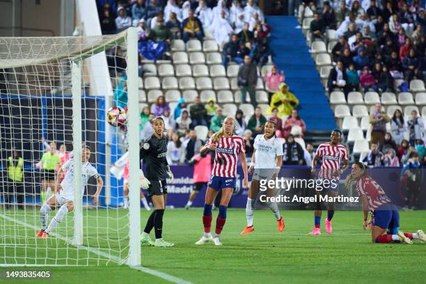 Ivana Andres of Real Madrid scoring her team's second goal during the Copa de la Reina Final match between Real Madrid and Atletico de Madrid at...