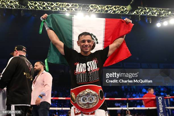 Luis Alberto Lopez celebrates victory after their IBF world featherweight title fight against Michael Conlan at The SSE Arena Belfast on May 27, 2023...