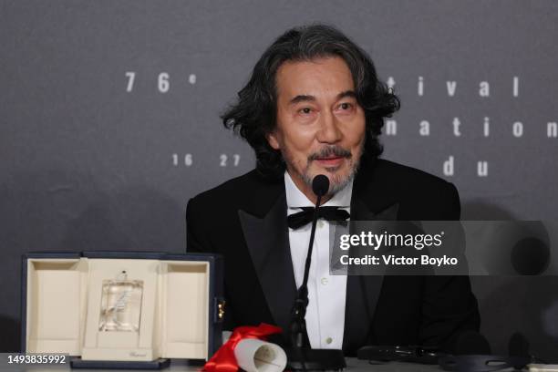 Koji Yakusho, Winner of the Best Actor Award for 'Perfect Days' attends the Palme D'Or winners press conference at the 76th annual Cannes film...