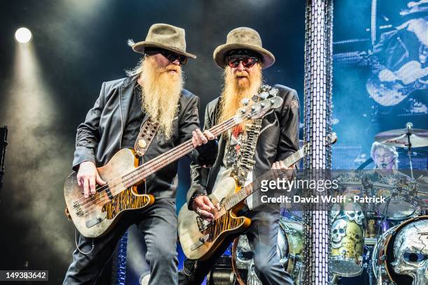 Dusty Hill and Billy Gibbons from ZZ Top perform at L'Olympia on July 27, 2012 in Paris, France.
