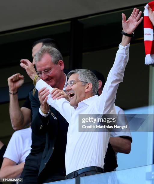 Herbert Hainer, President of FC Bayern Munich celebrates in the stands as FC Bayern Munich are announced Bundesliga champions after the Bundesliga...