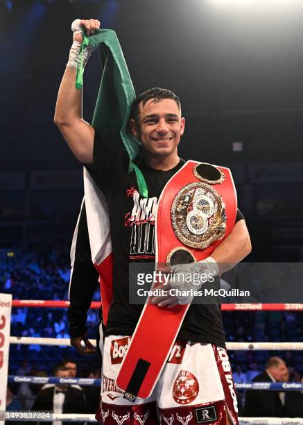 Luis Alberto Lopez celebrates victory after their IBF world featherweight title fight against Michael Conlan at The SSE Arena Belfast on May 27, 2023...