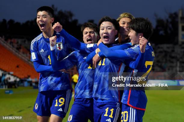 Isa Sakamoto of Japan celebrates with teammates after scoring the team's first goal during a FIFA U-20 World Cup Argentina 2023 Group C match between...